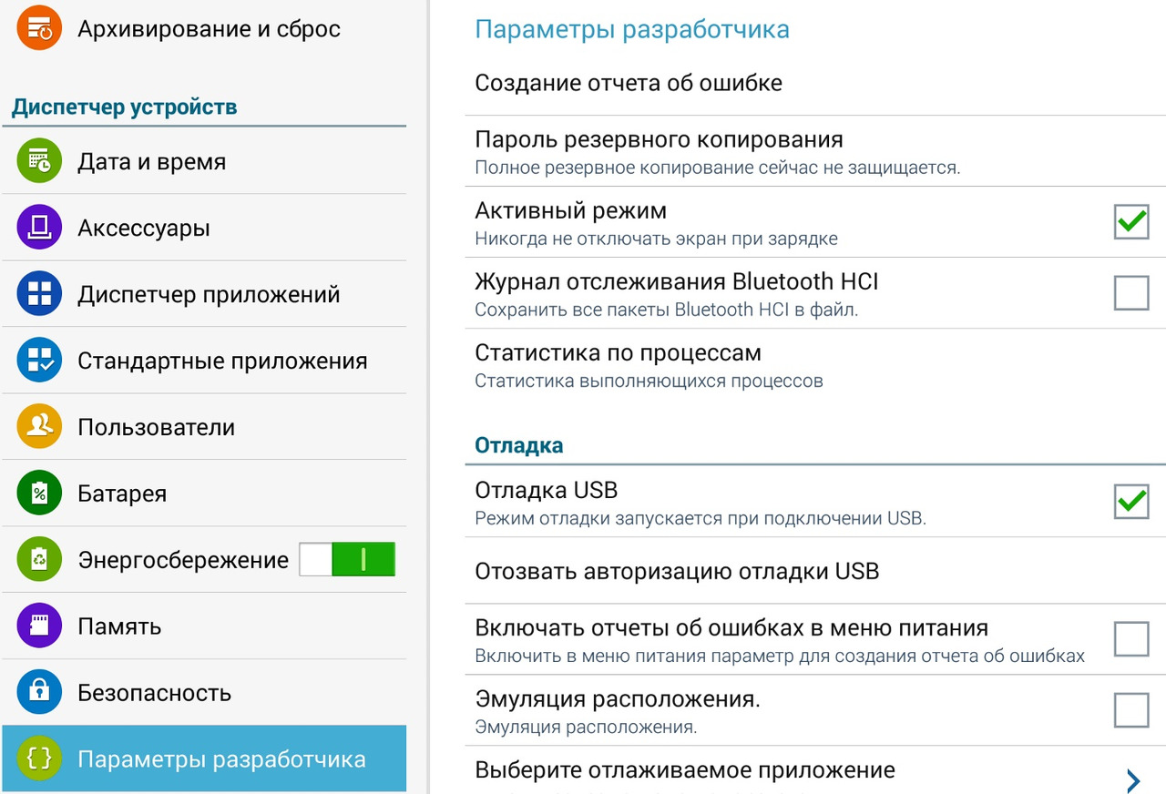 Параметры разработчика