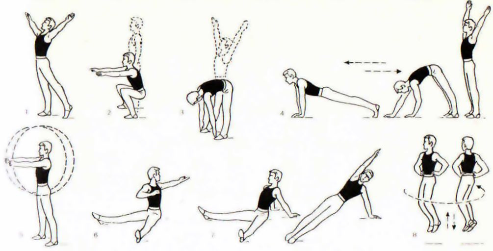 Упражнение десятка. Упражнения для утренней разминки. Комплекс упражнений для утренней зарядки. Схематические упражнения для зарядки. Зарядка по физкультуре упражнения.