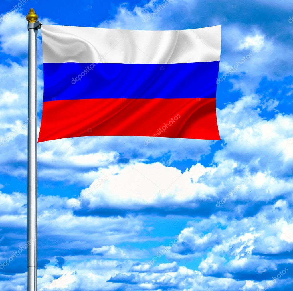 Российский флаг на голубом небе